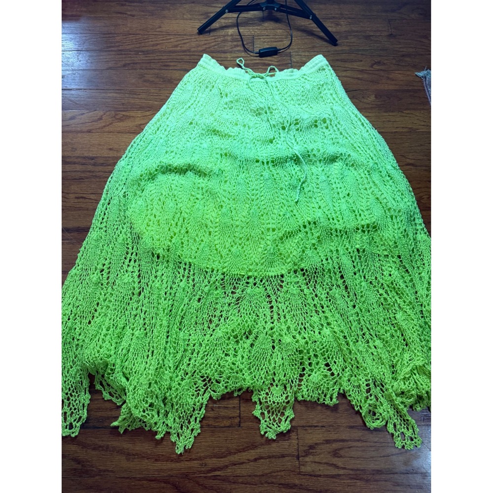 Chartreuse Crochet Maxi Skirt Handkerchief Hem Boho Festival Medium